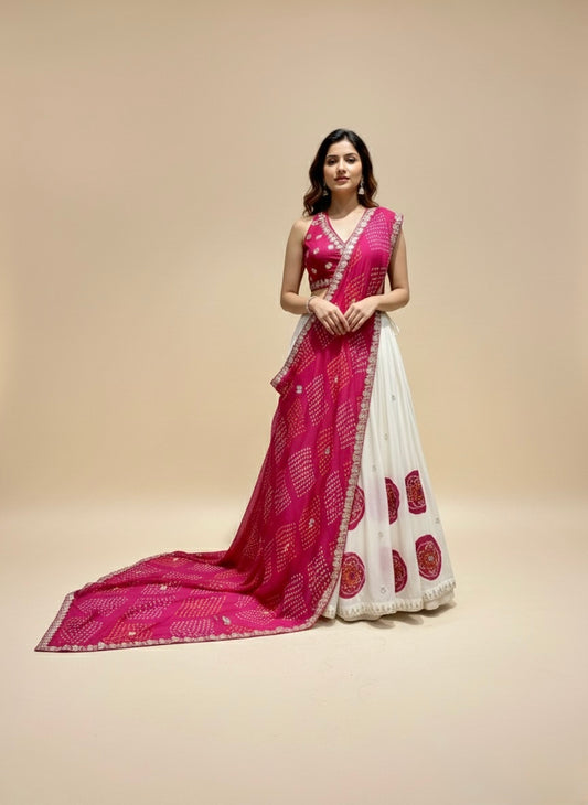 WHITE & RANI PINK GEORGETTE OJARIYA LEHENGA EMBELLISHED WITH GOTA PATTI WORK