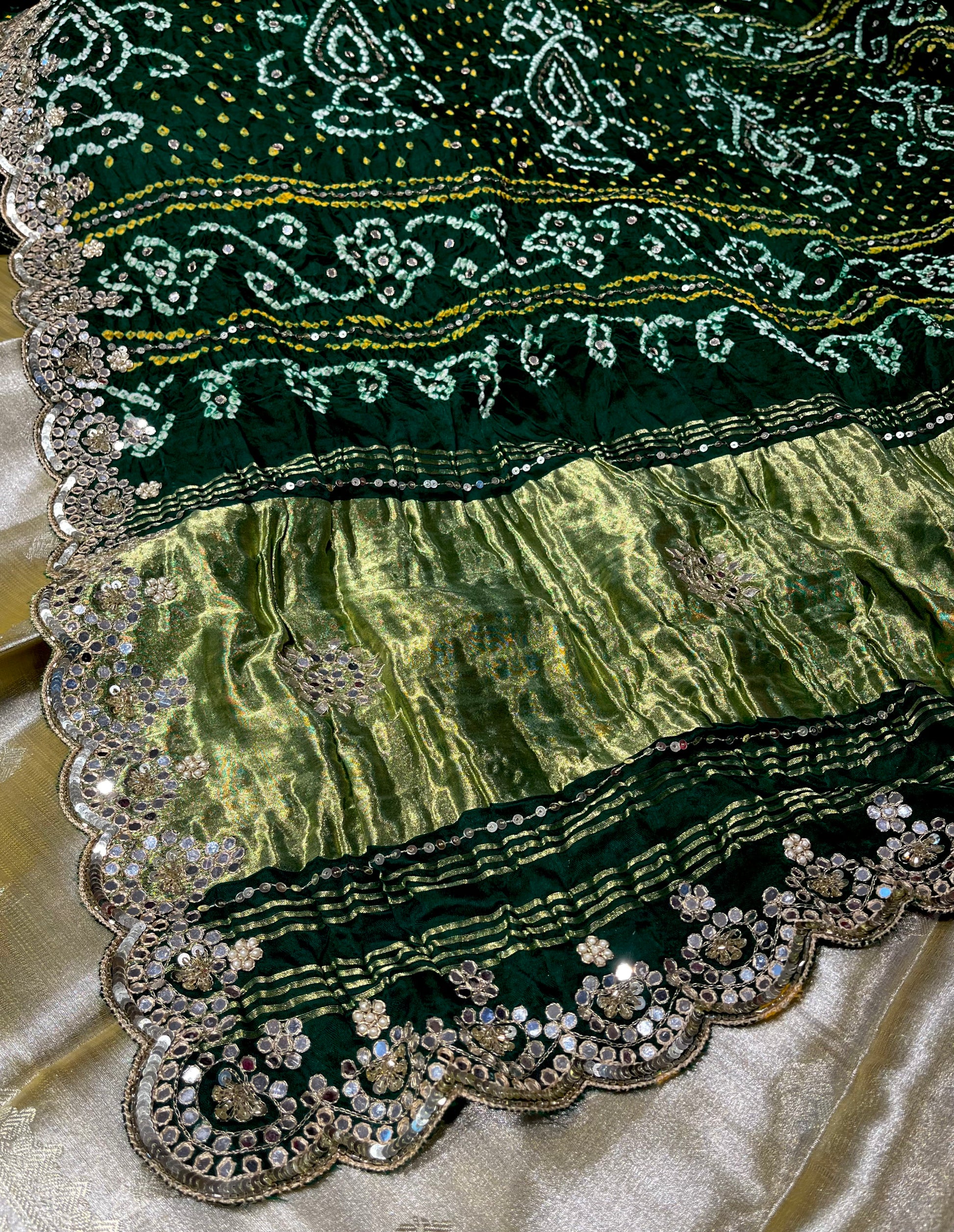 BOTTLE GREEN SATIN SILK BANDHANI SAREE WITH FOIL MIRROR WORK - Kothari Sons