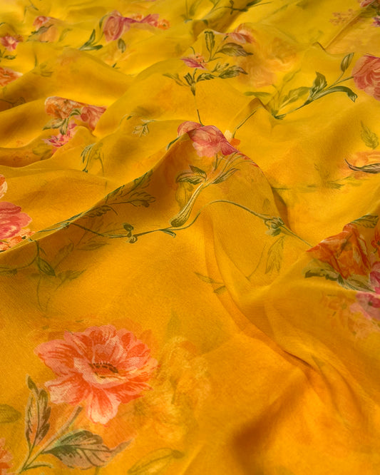 MUSTARD COLOUR SHADED CHIFFON FLORAL PRINTED SAREE