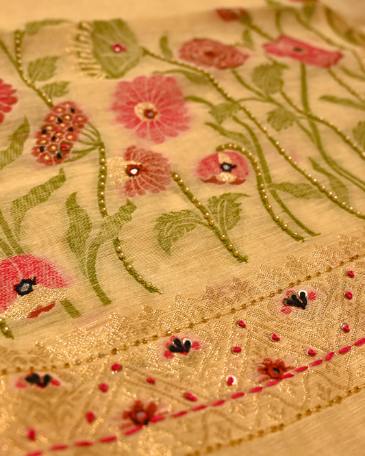 LEMON YELLOW MUNGA FABRIC UNSTITCHED SUIT WITH RESHAM WEAVE & EMBELLISHED EMBROIDERY