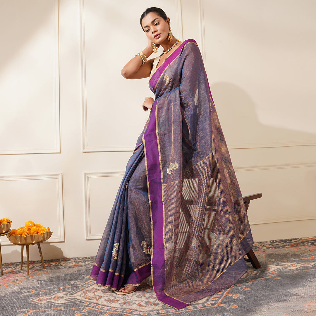 PURPLE COLOR CHANDERI TISSUE SAREE EMBELLISHED WITH ZARDOZI EMBROIDERED PEACOCK MOTIFS