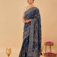 INDIGO BLUE GEORGETTE SAREE WITH GREY RESHAM EMBROIDERY INSPIRED BY KASHMIRI AARI WORK