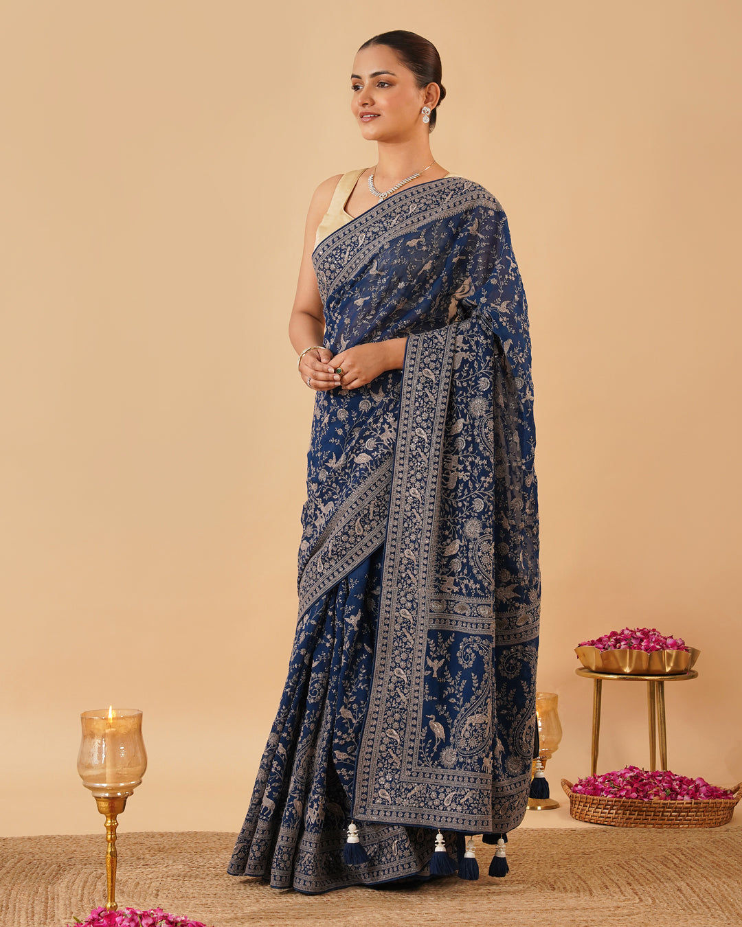 INDIGO BLUE GEORGETTE SAREE WITH GREY RESHAM EMBROIDERY INSPIRED BY KASHMIRI AARI WORK