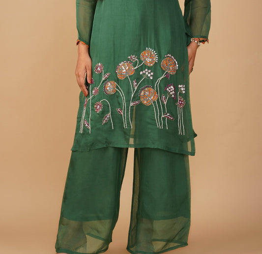 ( DELIVERY TIME 20 DAYS ) SEQUIN-EMBROIDERED BOTTLE GREEN ORGANZA STRAIGHT-CUT SUIT WITH PALAZZO & DUPATTA