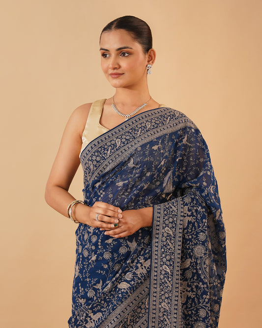 INDIGO BLUE GEORGETTE SAREE WITH GREY RESHAM EMBROIDERY INSPIRED BY KASHMIRI AARI WORK