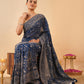 INDIGO BLUE GEORGETTE SAREE WITH GREY RESHAM EMBROIDERY INSPIRED BY KASHMIRI AARI WORK