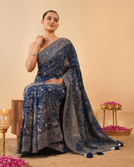 INDIGO BLUE GEORGETTE SAREE WITH GREY RESHAM EMBROIDERY INSPIRED BY KASHMIRI AARI WORK