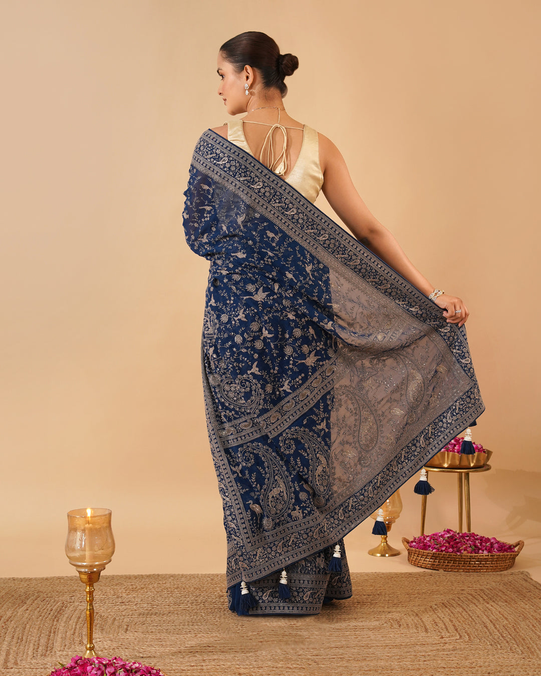 INDIGO BLUE GEORGETTE SAREE WITH GREY RESHAM EMBROIDERY INSPIRED BY KASHMIRI AARI WORK