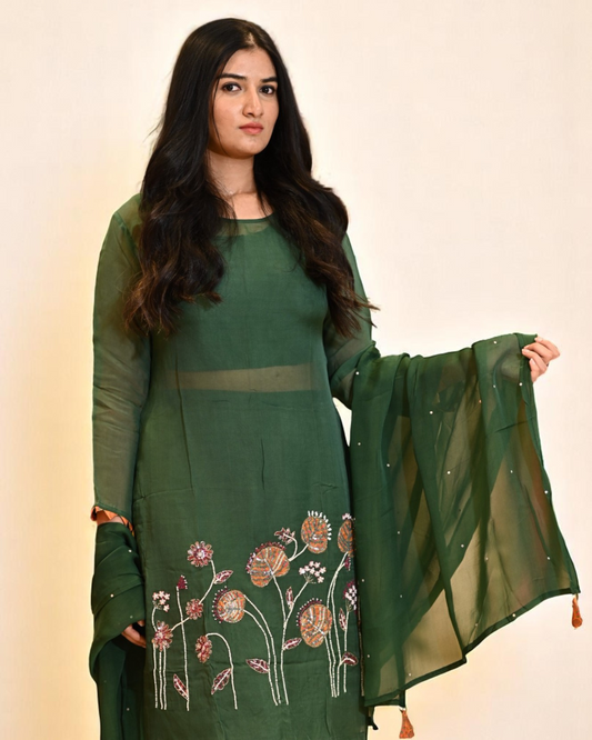 SEQUINS EMBROIDERED BOTTLE GREEN ORGANZA STRAIGHT CUT SUIT WITH PALAZZO AND DUPATTA