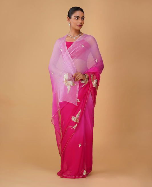 SHADED CHIFFON SAREE WITH AARI WORK BIRD MOTIFS
