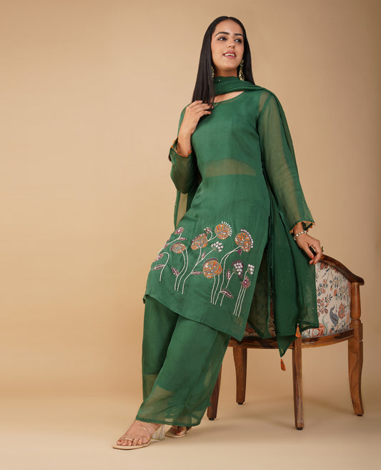 ( DELIVERY TIME 20 DAYS ) SEQUIN-EMBROIDERED BOTTLE GREEN ORGANZA STRAIGHT-CUT SUIT WITH PALAZZO & DUPATTA