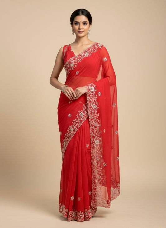 RED PURE CHIFFON EMBROIDERED SAREE WITH SEQUINS & CUTDANA WORK - Kothari Sons