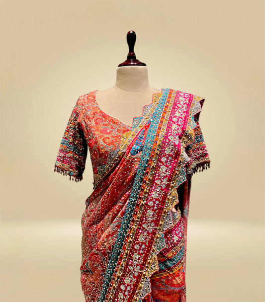 MULTICOLOURED CHINON SAREE EMBELLISHED WITH SEQUINS & BEADS WORK, PAIRED WITH A READYMADE BLOUSE