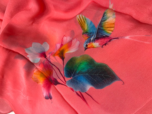 CORAL PEACH CHINON PRINTED SAREE PAIRED WITH A PLAIN CREPE BLOUSE (DELIVERY IN 20 DAYS)