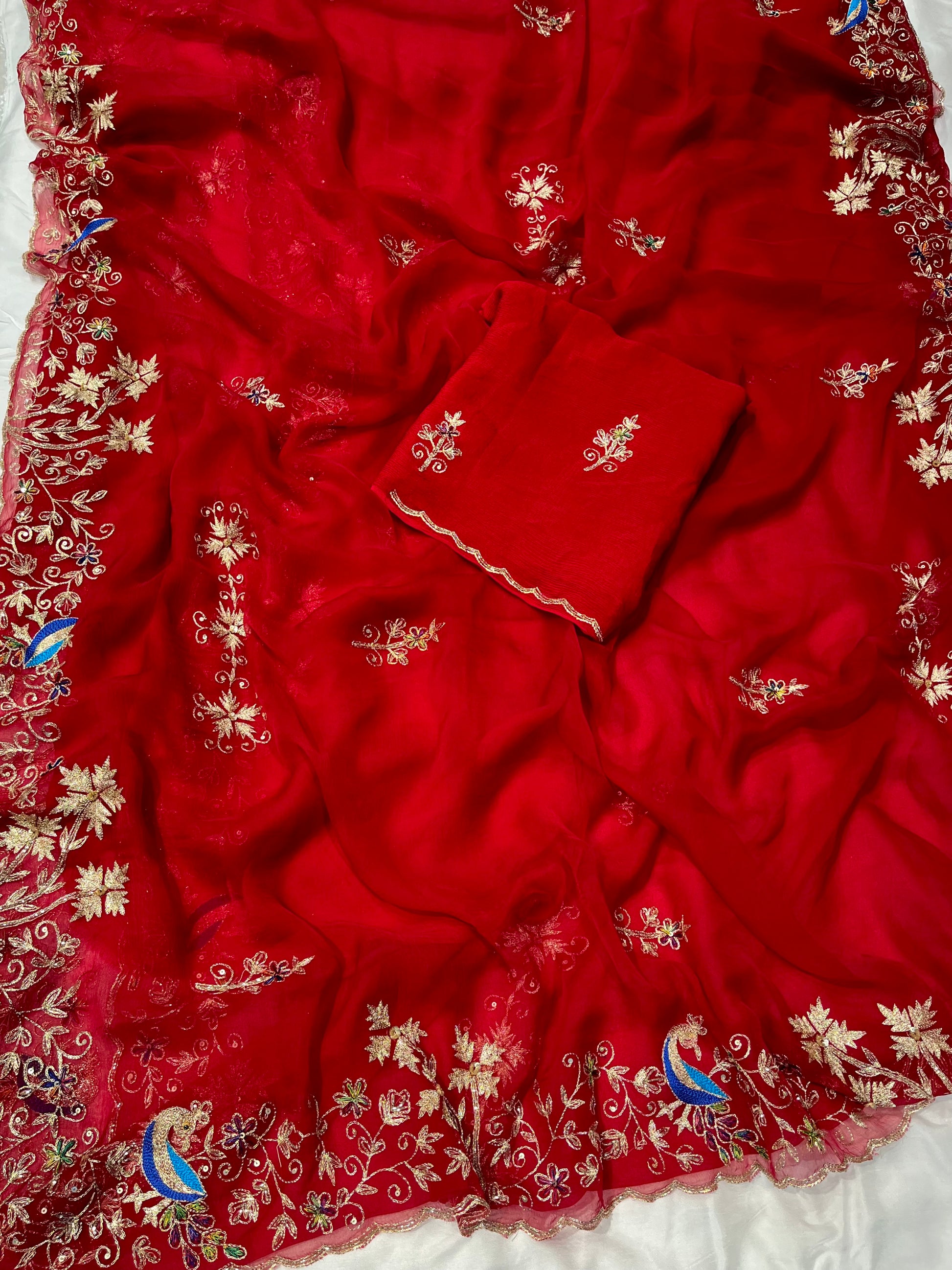 CRIMSON RED CHIFFON EMBROIDERED SAREE WITH AARI & CUTDANA WORK - Kothari Sons