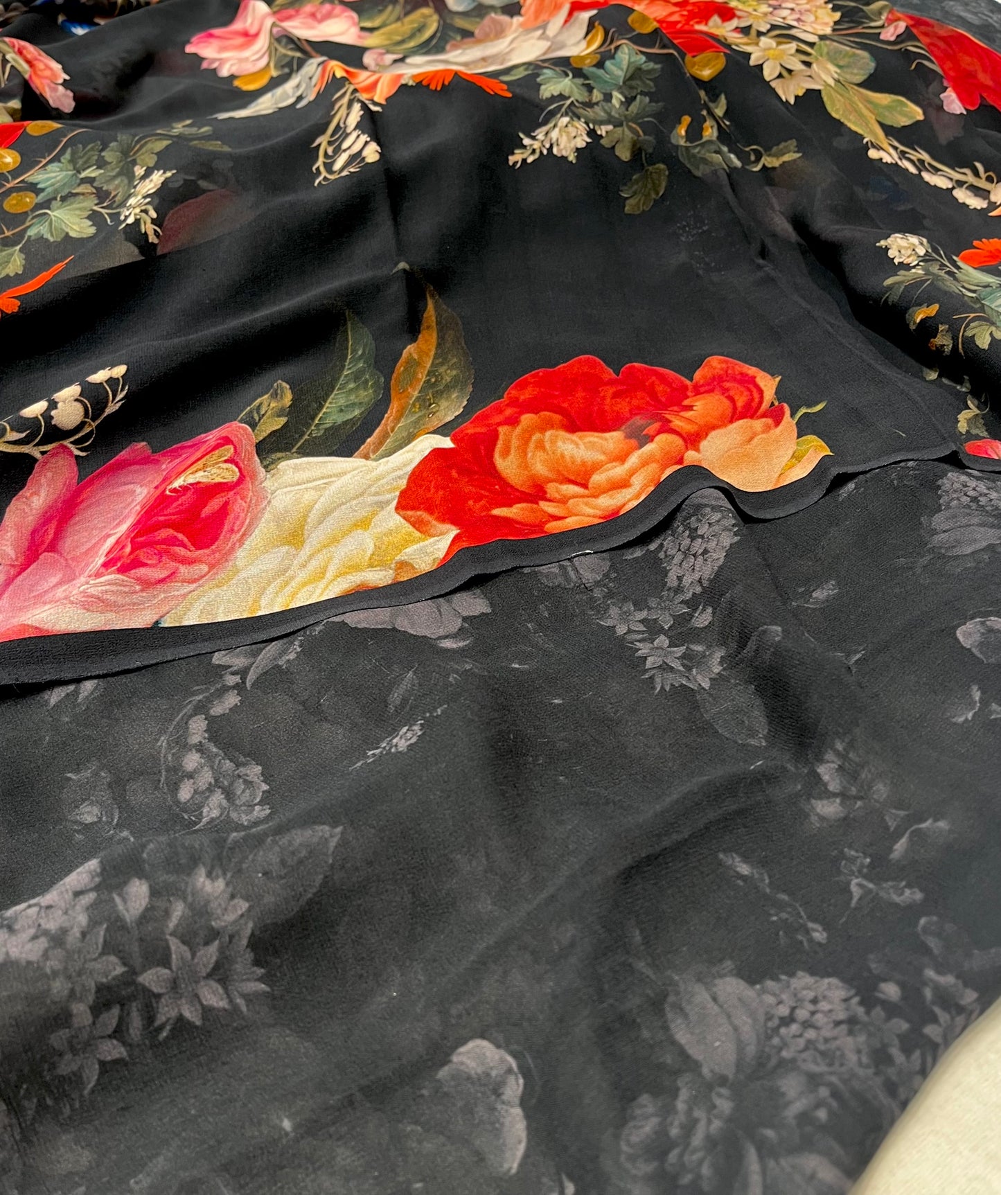 BLACK PURE GEORGETTE FLORAL PRINTED SAREE (DELIVERY IN 20 DAYS)