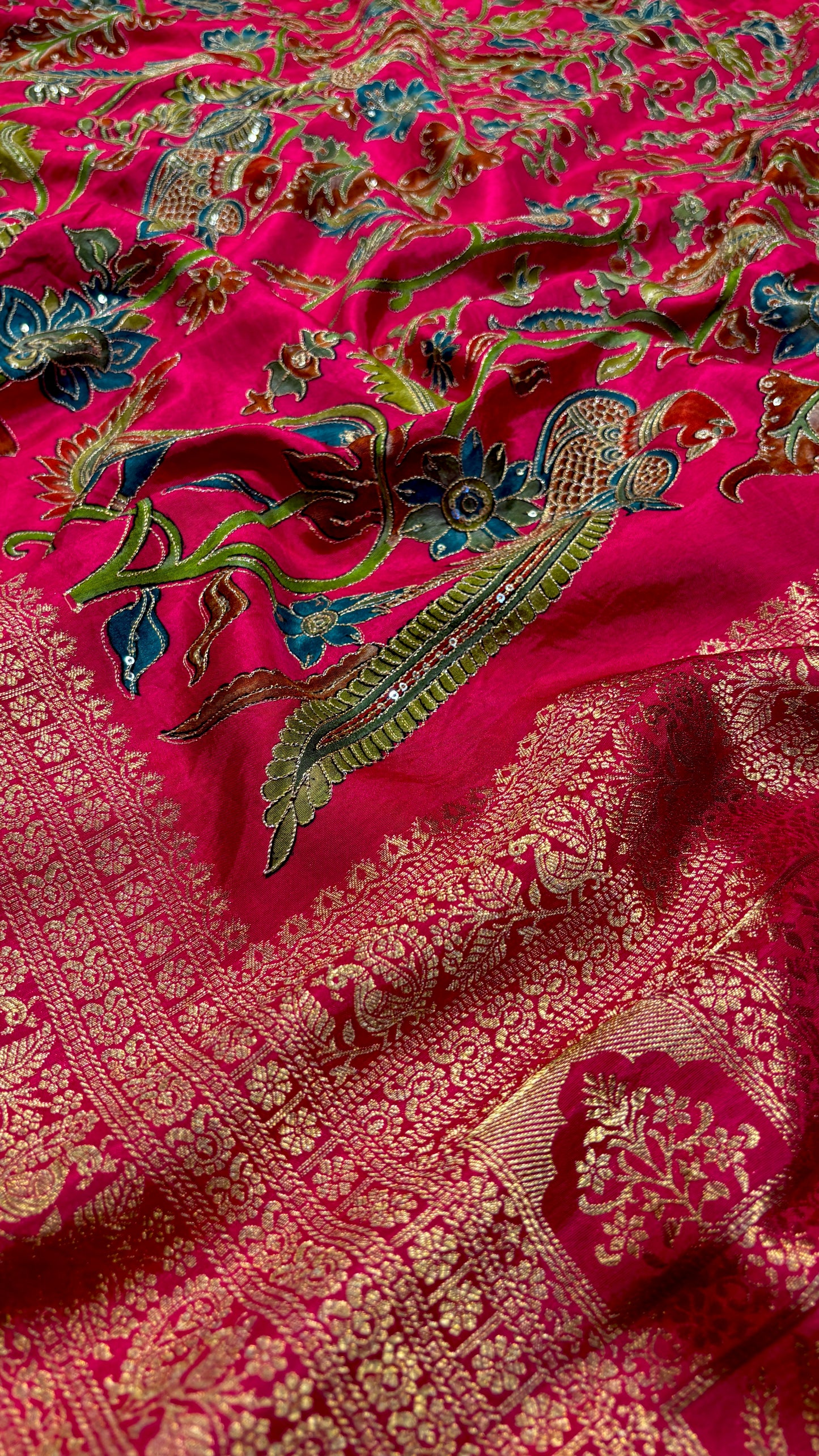 RANI COLOUR KALAMKARI SILK SAREE WITH EMBROIDERY AND WOVEN ZARI BORDER & PALLA