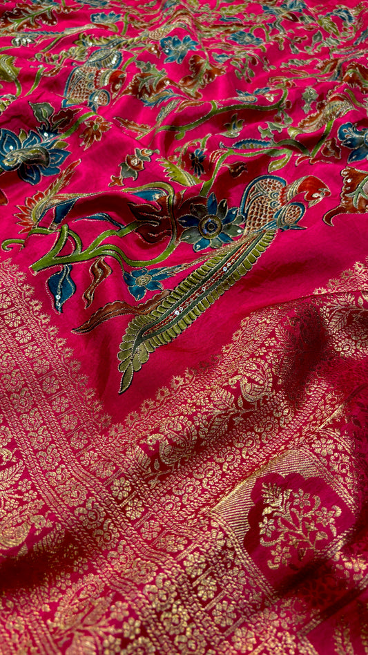 RANI COLOUR KALAMKARI SILK SAREE WITH EMBROIDERY AND WOVEN ZARI BORDER & PALLA