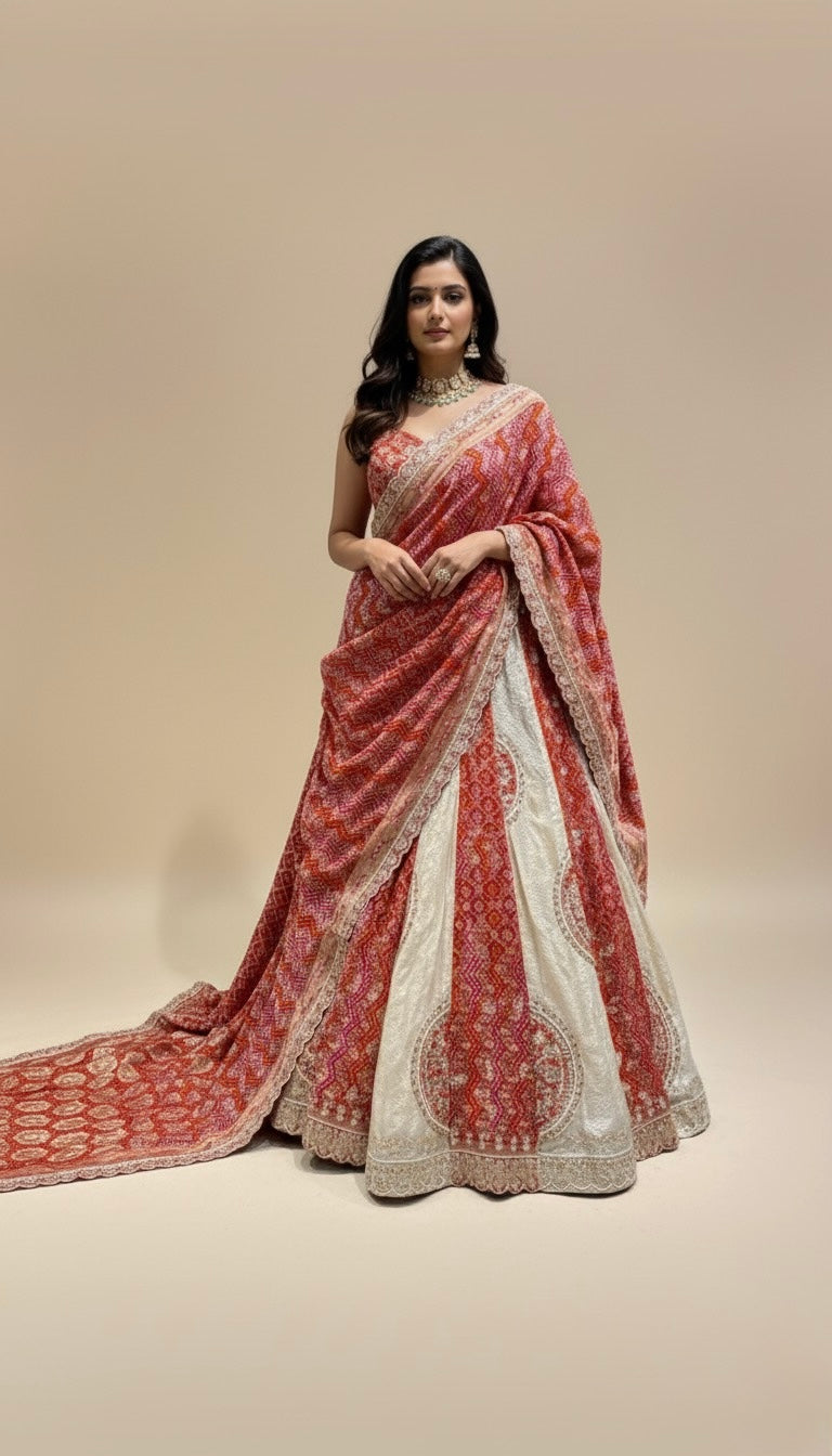 IVORY-RED COLOUR TISSUE GEORGETTE BANDHANI LEHENGA EMBELLISHED WITH GOTA PATTI & ZARDOZI WORK