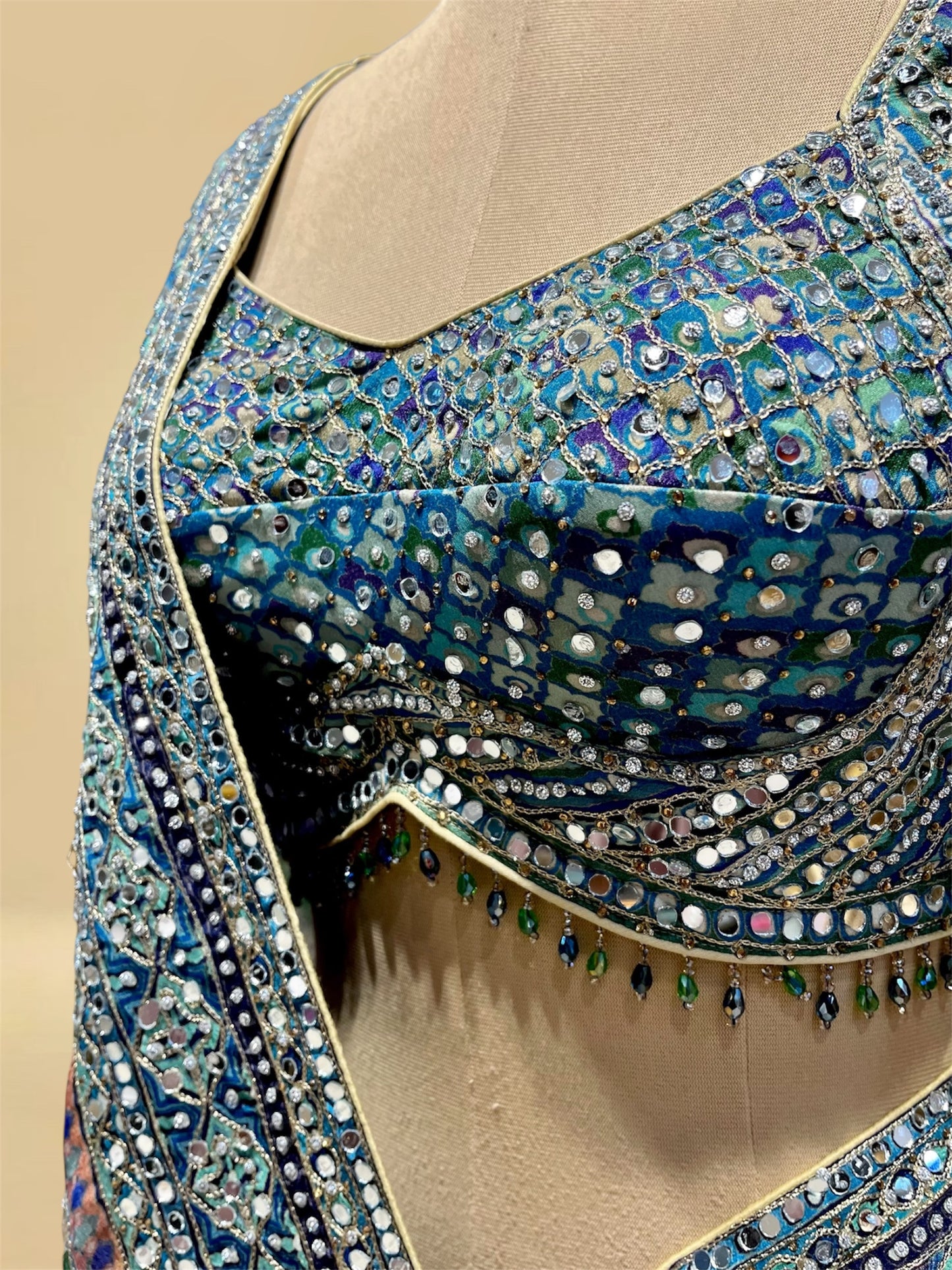 MULTICOLOURED CHINON SAREE EMBELLISHED WITH MIRROR & AARI WORK, PAIRED WITH A READYMADE BLOUSE