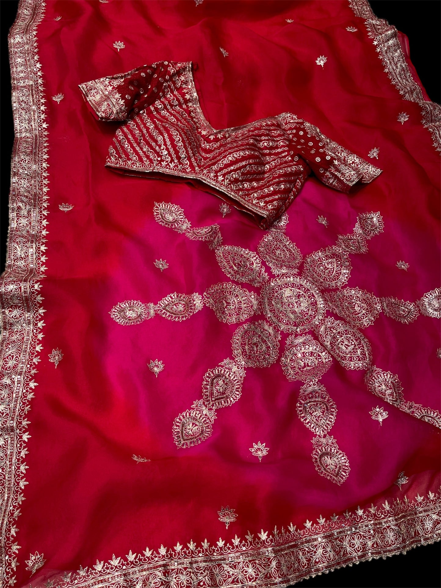 SHADED ORGANZA SAREE EMBELLISHED WITH AARI & SEQUIN WORK, PAIRED WITH A READYMADE BLOUSE