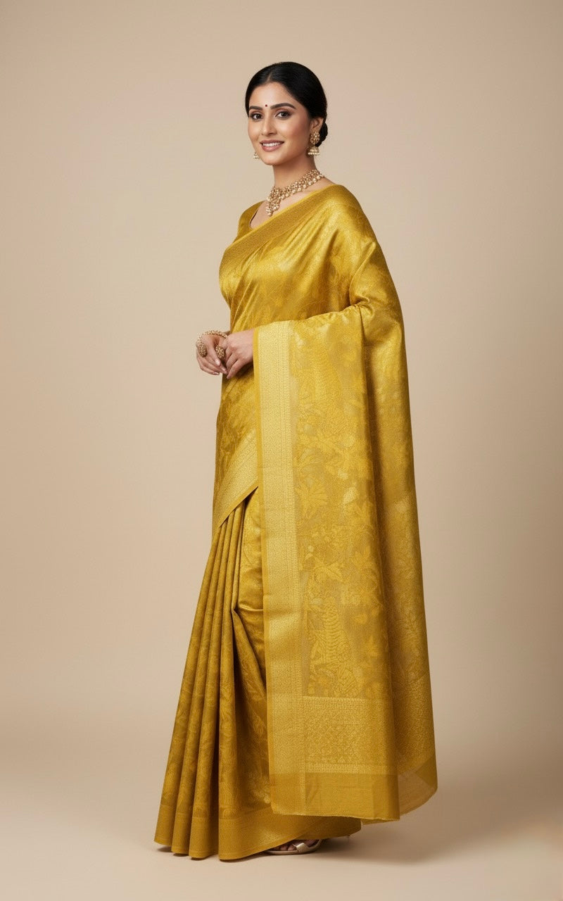 MUSTARD YELLOW GEORGETTE ZARI JACQUARD SAREE BY SIDDHAIKA
