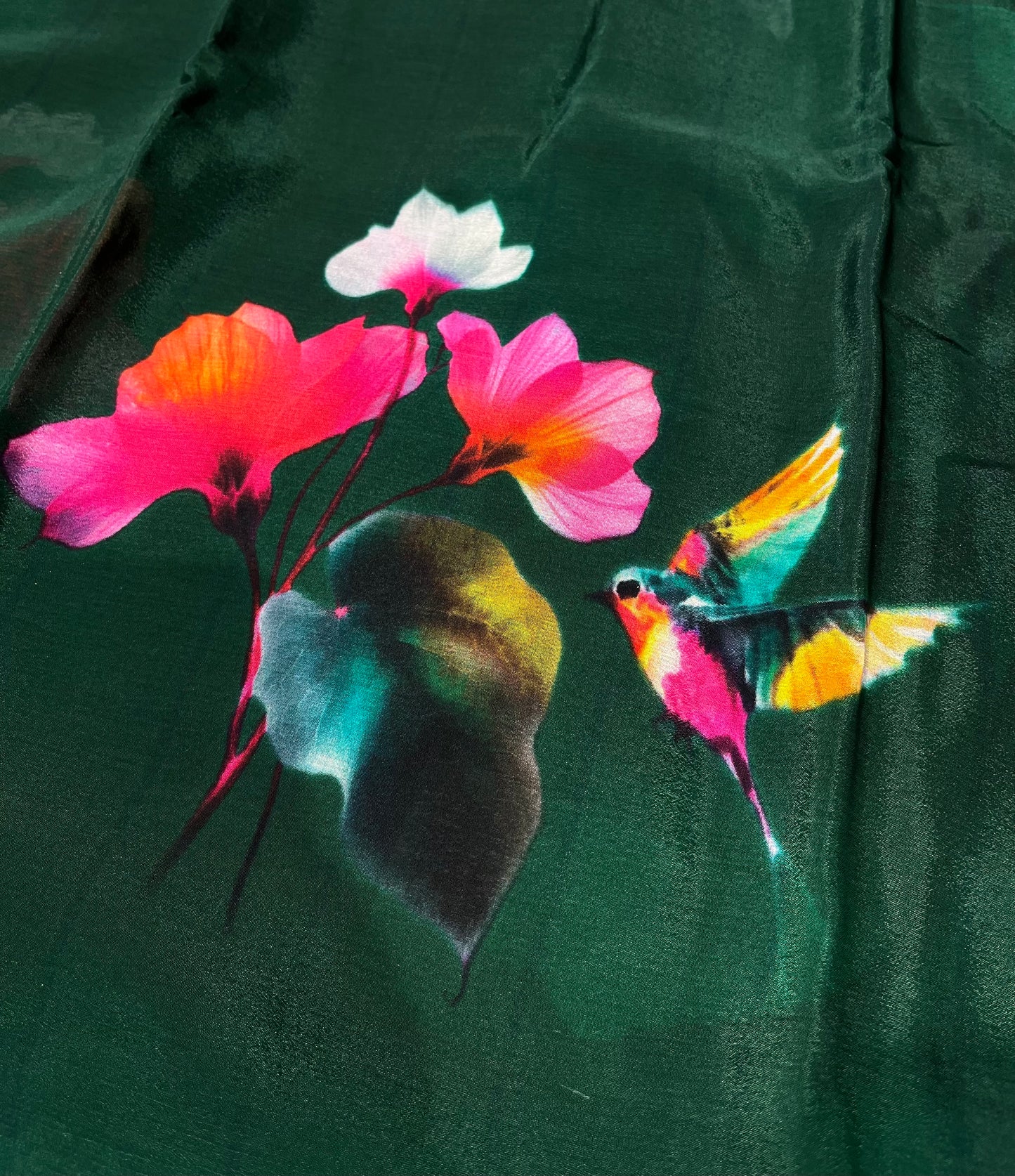 BOTTLE GREEN CHINON PRINTED SAREE PAIRED WITH A PLAIN CREPE BLOUSE (DELIVERY IN 20 DAYS)