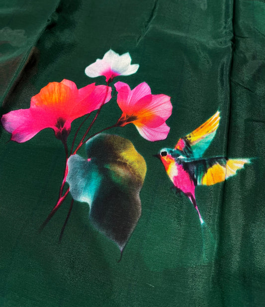 BOTTLE GREEN CHINON PRINTED SAREE PAIRED WITH A PLAIN CREPE BLOUSE (DELIVERY IN 20 DAYS)