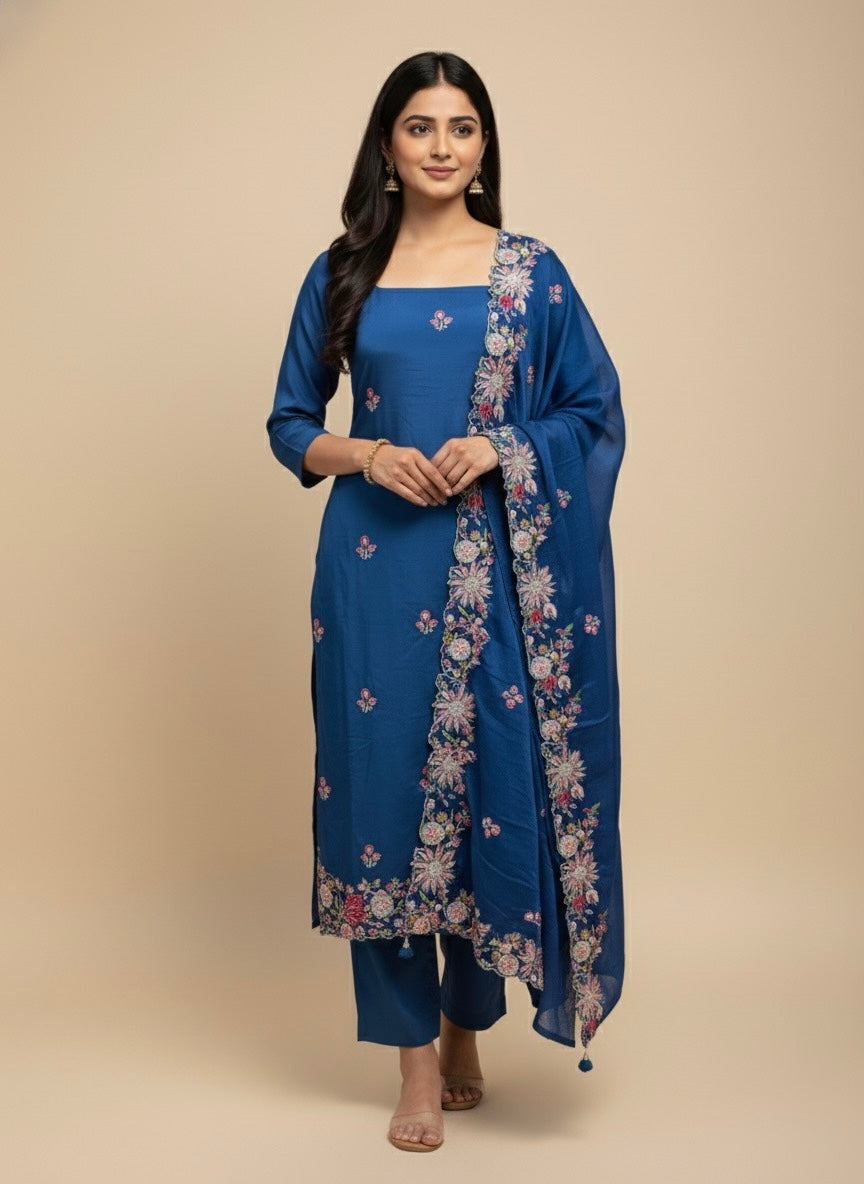 PETROL BLUE PLANT BASED SILK EMBROIDERED UNSTITCHED SUIT