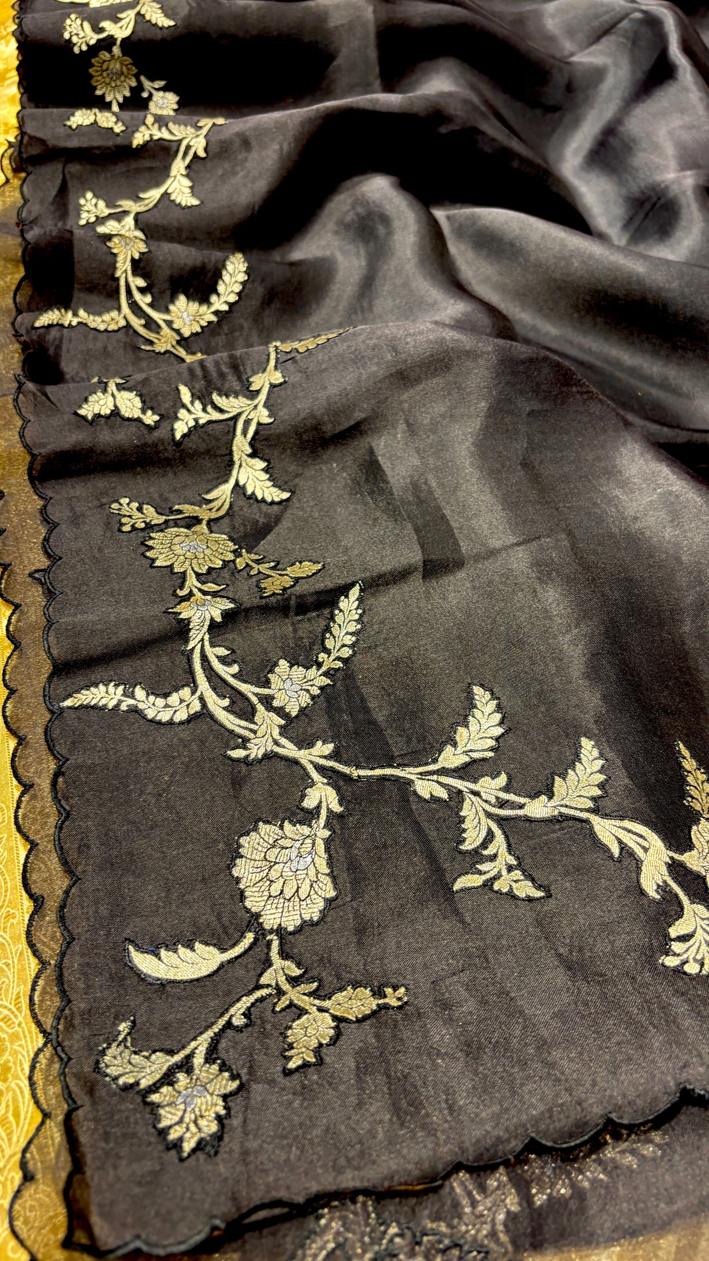 MIDNIGHT BLACK PURE ORGANZA SAREE WITH APPLIQUÉ WORK AND BANARASI BLOUSE