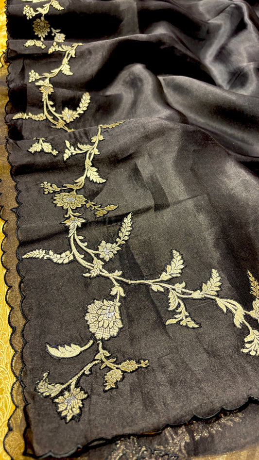 MIDNIGHT BLACK PURE ORGANZA SAREE WITH APPLIQUÉ WORK AND BANARASI BLOUSE
