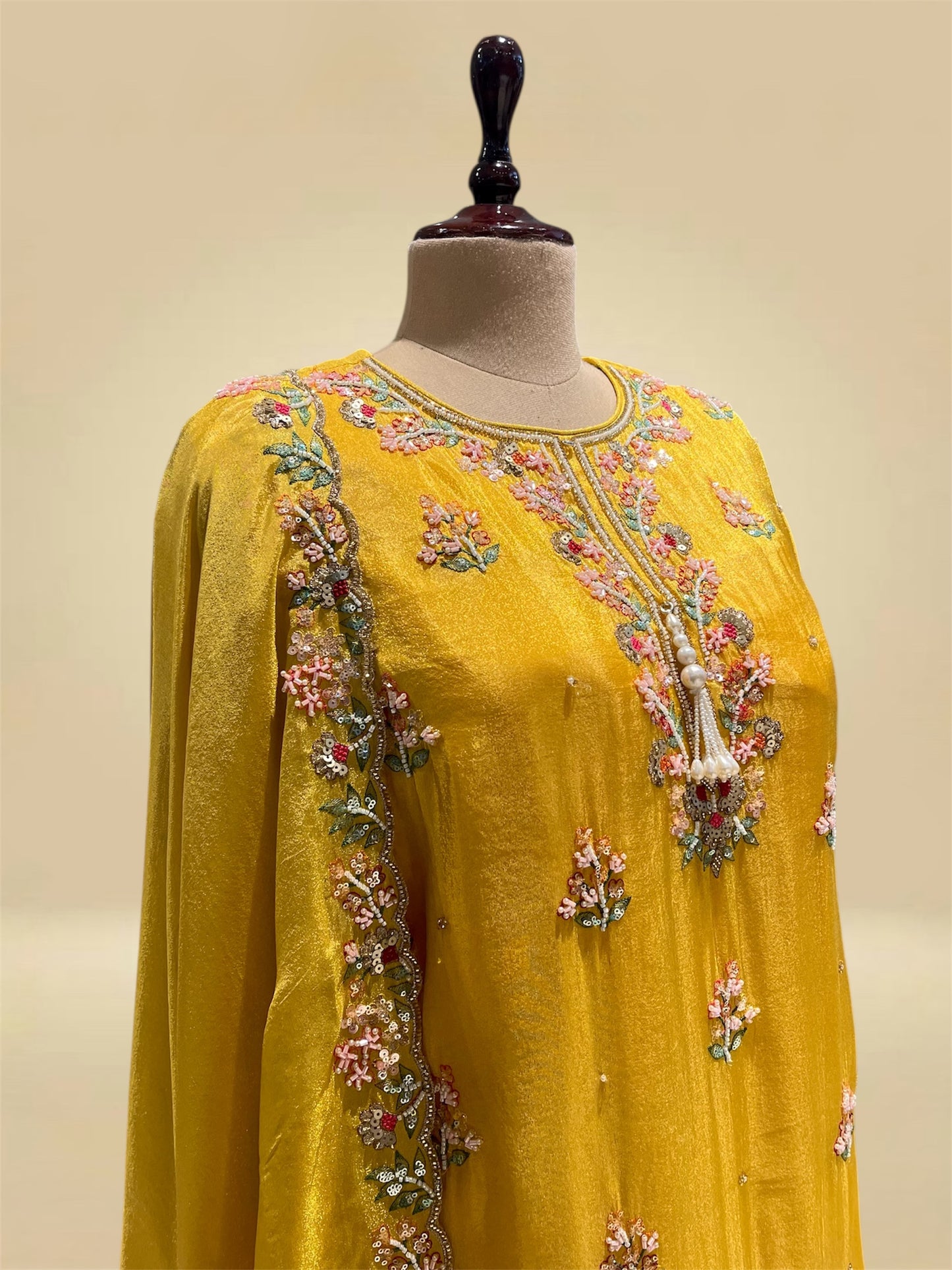 SUNFLOWER YELLOW TISSUE SHARARA SUIT EMBELLISHED WITH BEADS & THREAD WORK (DELIVERY IN 20 DAYS)