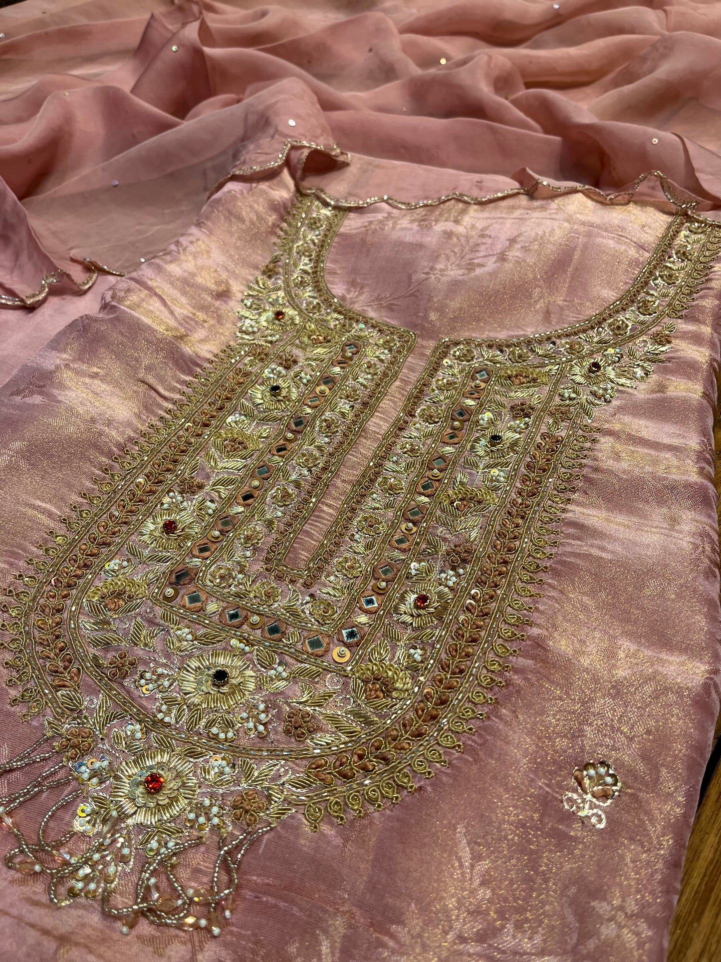 DUSTY ROSE BROCADE TISSUE ZARDOZI EMBROIDERED UNSTITCHED SUIT SET WITH ORGANZA DUPATTA (DELIVERY IN 20 DAYS)