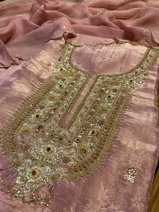DUSTY ROSE BROCADE TISSUE ZARDOZI EMBROIDERED UNSTITCHED SUIT SET WITH ORGANZA DUPATTA (DELIVERY IN 20 DAYS)