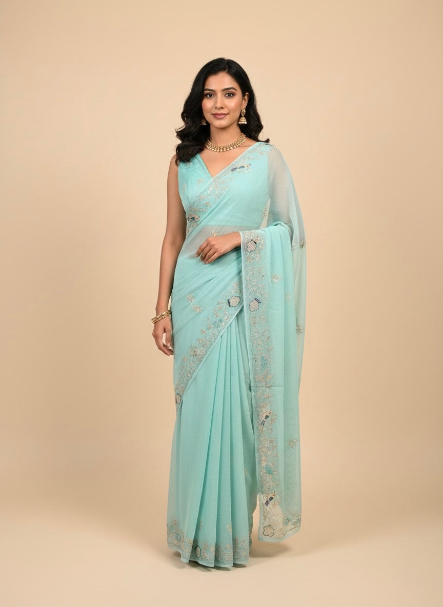 LIGHT BLUE CHIFFON SAREE EMBROIDERED WITH AARI WORK - Kothari Sons