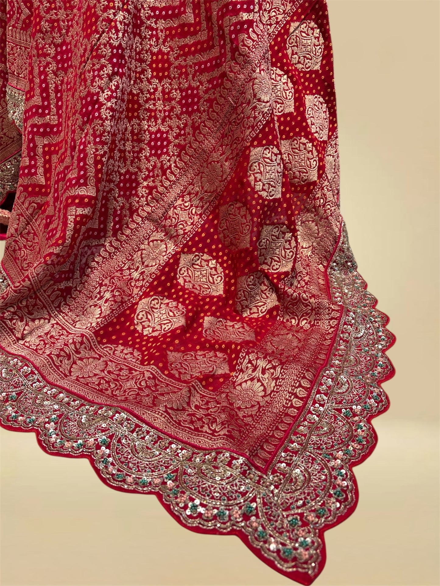 RED BANDHANI KHADDI DUPATTA WITH HAND-EMBROIDERED BORDER