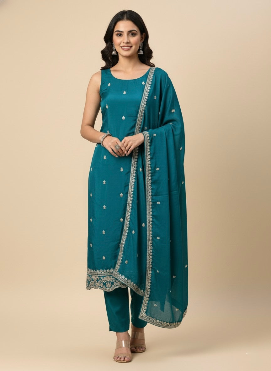 TEAL COLOUR PLANT BASED SILK EMBROIDERED UNSTITCHED SUIT