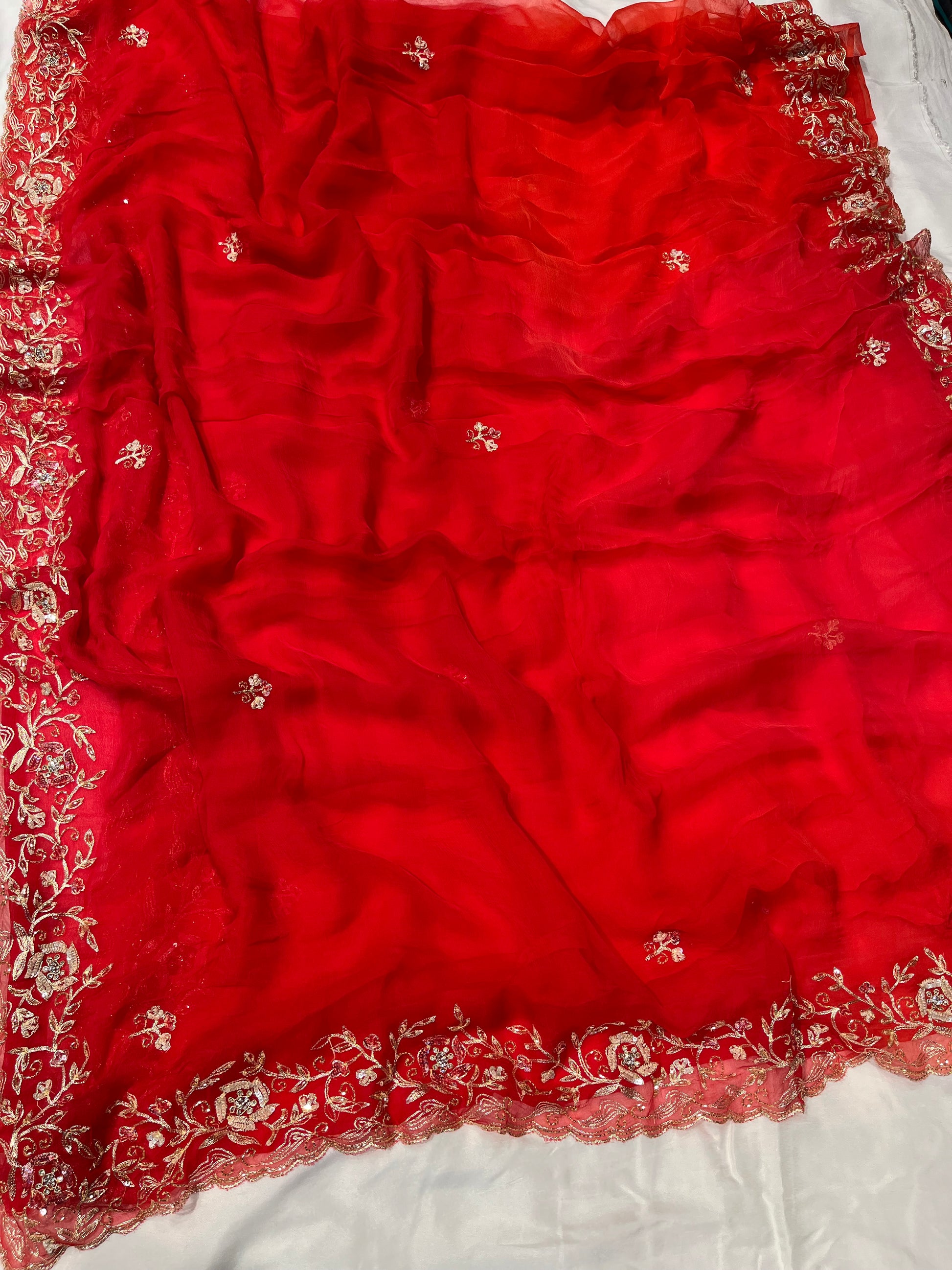 RED PURE CHIFFON EMBROIDERED SAREE WITH SEQUINS & CUTDANA WORK - Kothari Sons