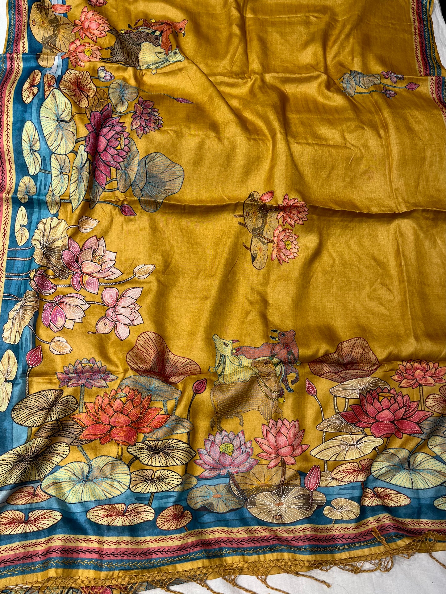 MUSTARD COLOUR PURE TUSSAR SILK EMBROIDERED SAREE