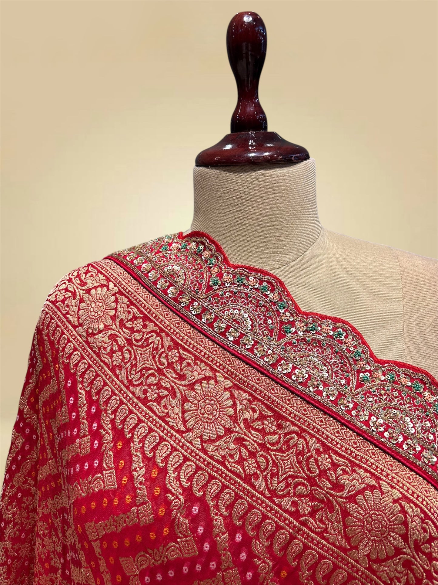 RED BANDHANI KHADDI DUPATTA WITH HAND-EMBROIDERED BORDER