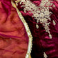 WINE COLOUR VELVET ZARDOZI HAND EMBROIDERED UNSTITCHED SUIT & KORA SILK DUPATTA & CREPE SILK BOTTOM
