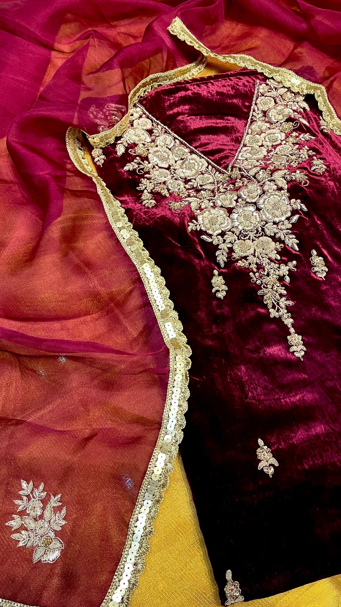 WINE COLOUR VELVET ZARDOZI HAND EMBROIDERED UNSTITCHED SUIT & KORA SILK DUPATTA & CREPE SILK BOTTOM