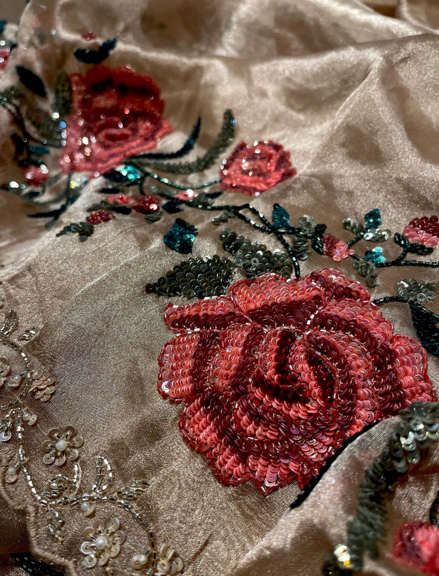 GOLDEN PURE TISSUE SEQUINS WORK HAND EMBROIDERED SAREE WITH READYMADE BLOUSE