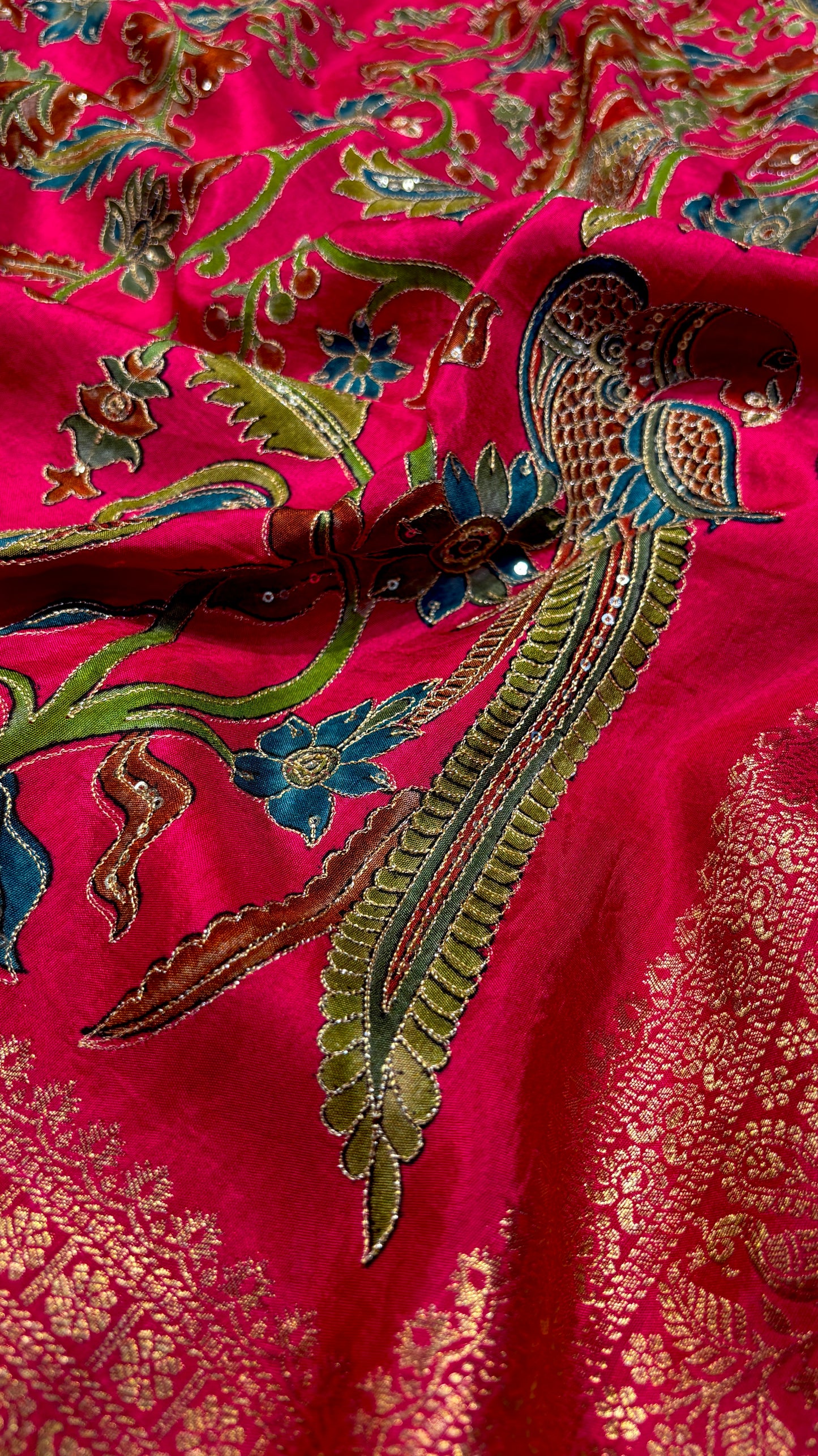 RANI COLOUR KALAMKARI SILK SAREE WITH EMBROIDERY AND WOVEN ZARI BORDER & PALLA