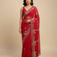 CRIMSON RED CHIFFON EMBROIDERED SAREE WITH AARI & CUTDANA WORK - Kothari Sons