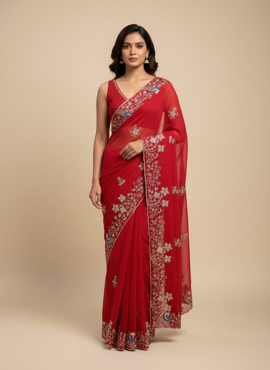 CRIMSON RED CHIFFON EMBROIDERED SAREE WITH AARI & CUTDANA WORK - Kothari Sons