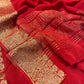 RED PLAIN CHINON SAREE WITH GOLDEN ZARI WOVEN BORDER AND CREPE BLOUSE (DELIVERY IN 20 DAYS)