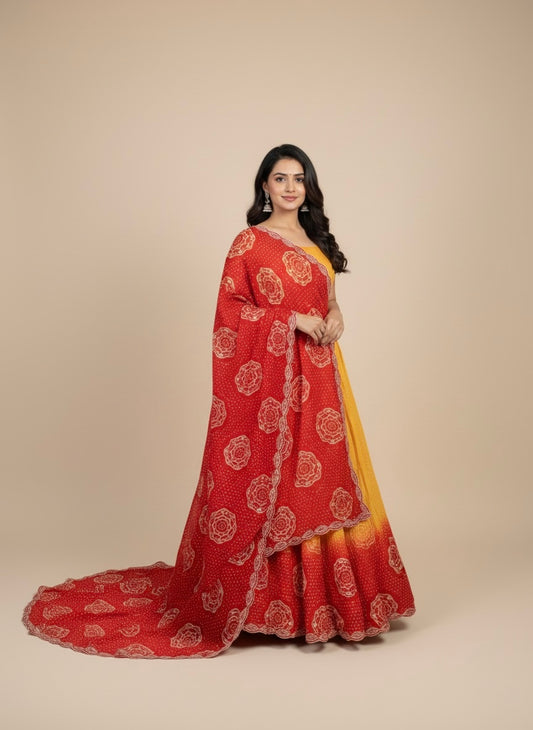 YELLOW–RED SHADED SILK BANDHANI LEHENGA WITH GOTA PATTI WORK
