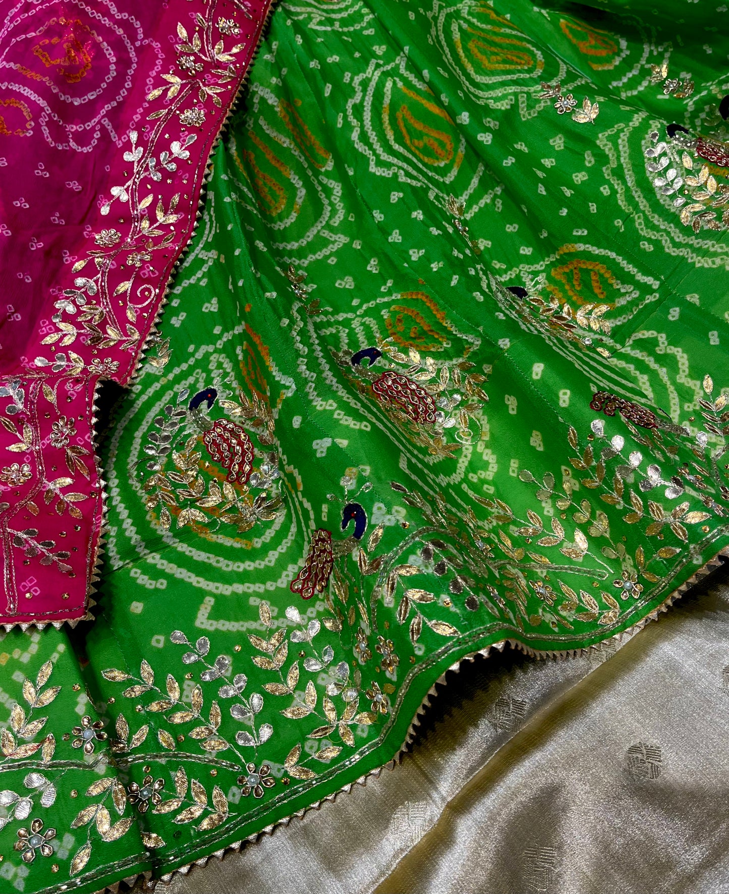 PARROT GREEN AND RANI PINK PURE GEORGETTE OJARIYA LEHENGA WITH GOTA PATTI WORK