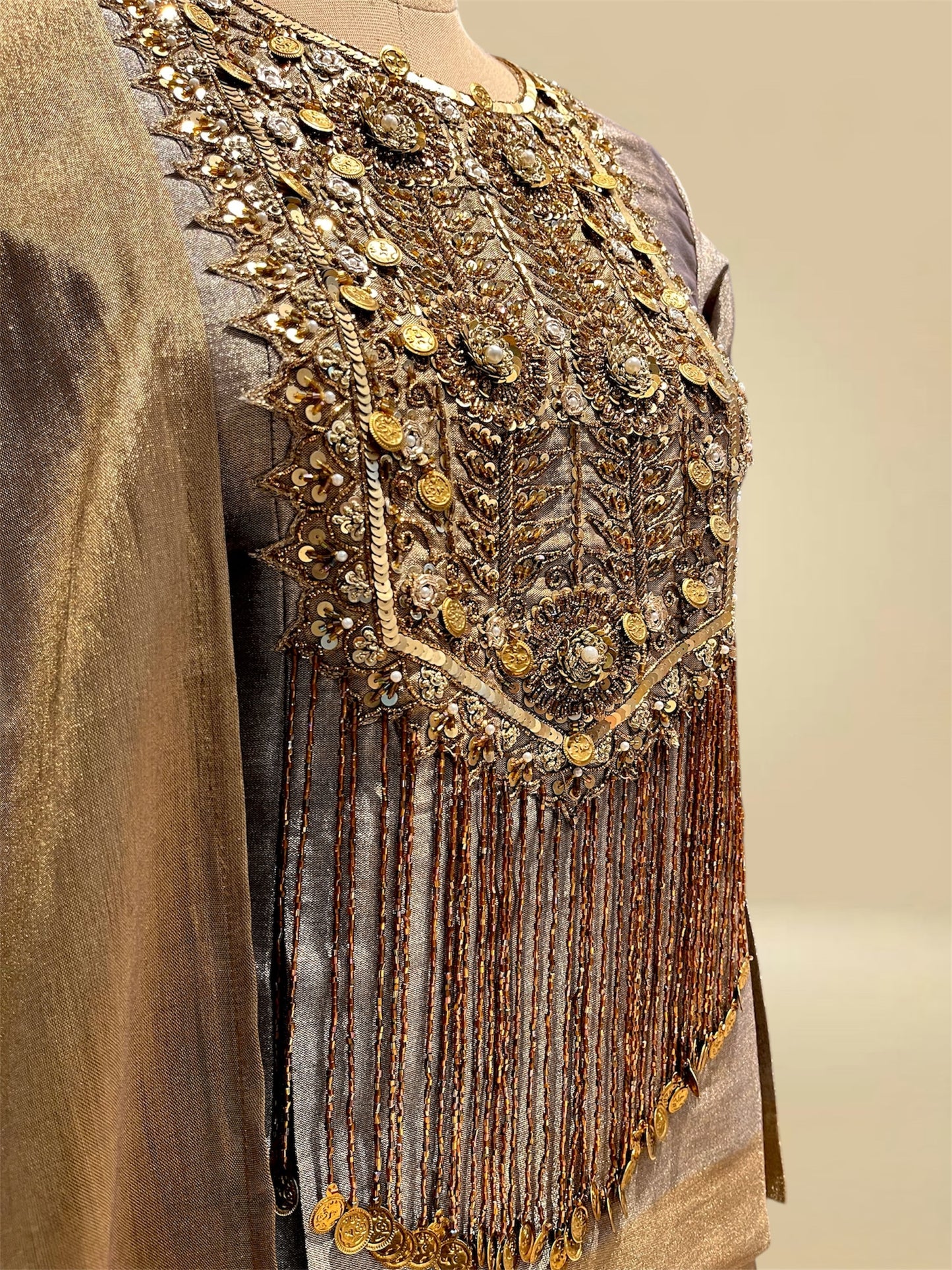 SILVER AND ANTIQUE GOLD CHANDERI TISSUE LEHENGA SET WITH SEQUIN & CUTDANA EMBROIDERED SHORT KURTI AND DUPATTA